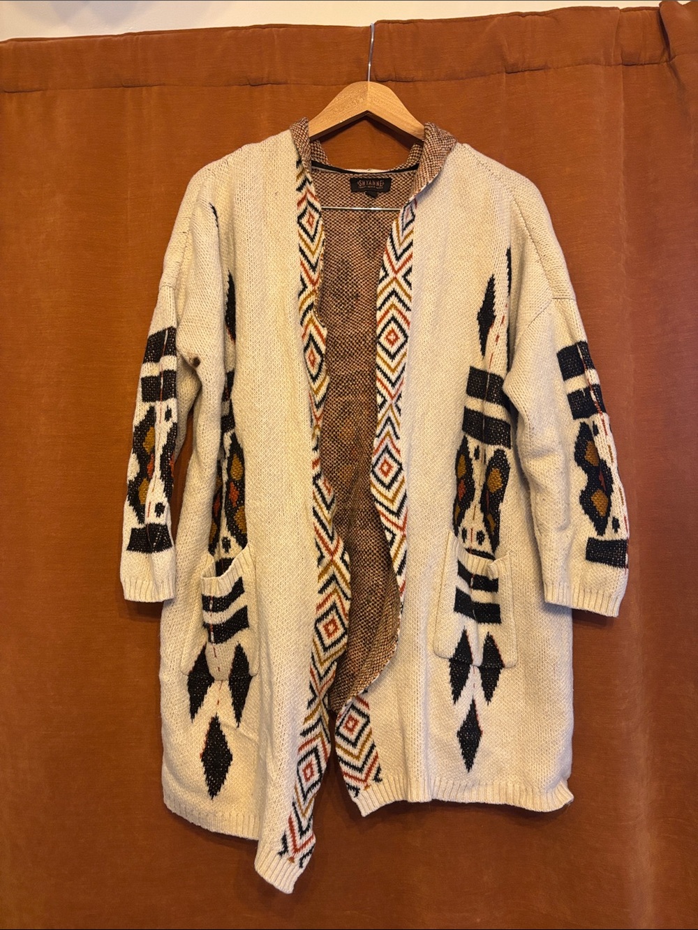 Shyanne Cream Open-Front Cardigan with Black and Brown Aztec Accents